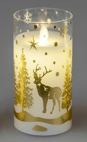 LED Kerze 7x15cm Glas Hirsch gold+ Timer